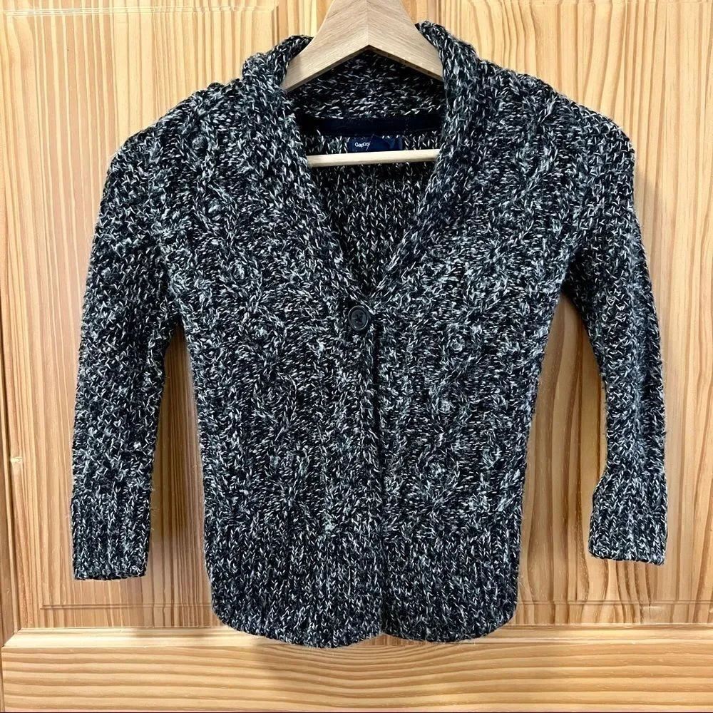 Gap Kids dark grey white shawl collar single button long sleeve cardigan sweater